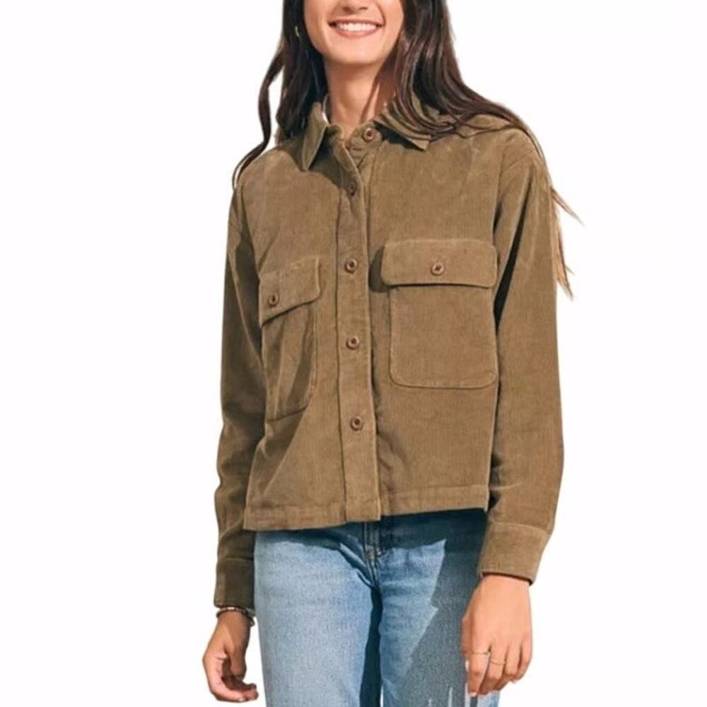 FAHERTY Women's Corduroy Short Shirt Jacket Shacket Size XL Brown Green